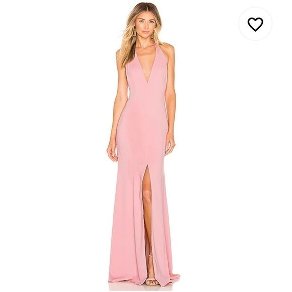 Lovers + Friends Deep V Halter Neck Slit Pink Gown